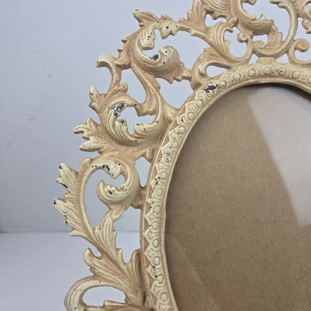 Antique 1920s Ornate Cast Metal Oval Photo Frame 5x7 Scroll Art Deco Victorian